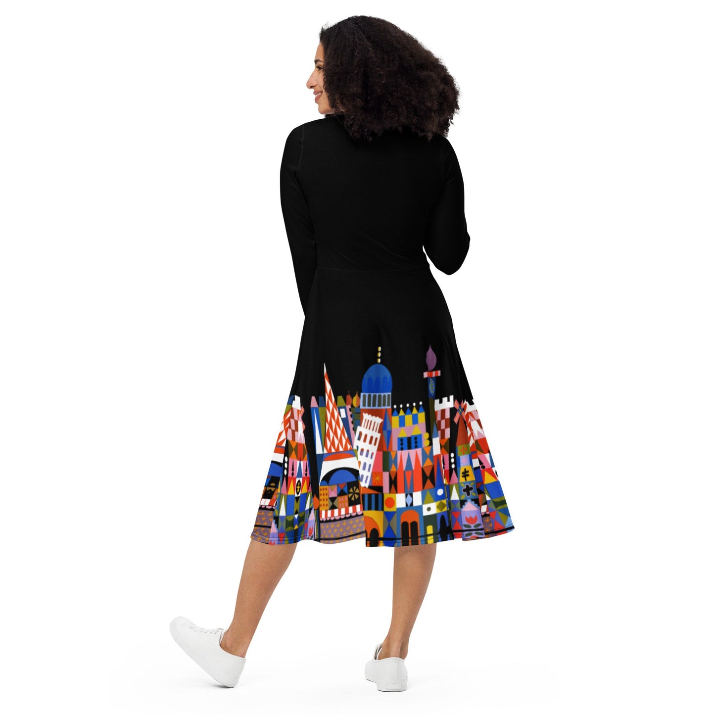 RUSH ORDER: Small World Inspired All-over print long sleeve midi dress