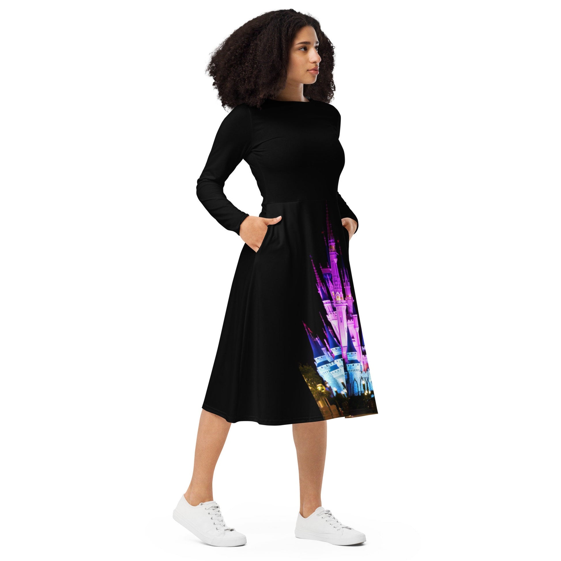 RUSH ORDER: Nighttime Cinderella Castle Inspired All-over print long sleeve midi dress