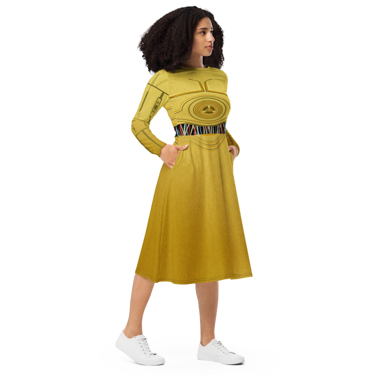 RUSH ORDER: C3PO Inspired All-over print long sleeve midi dress