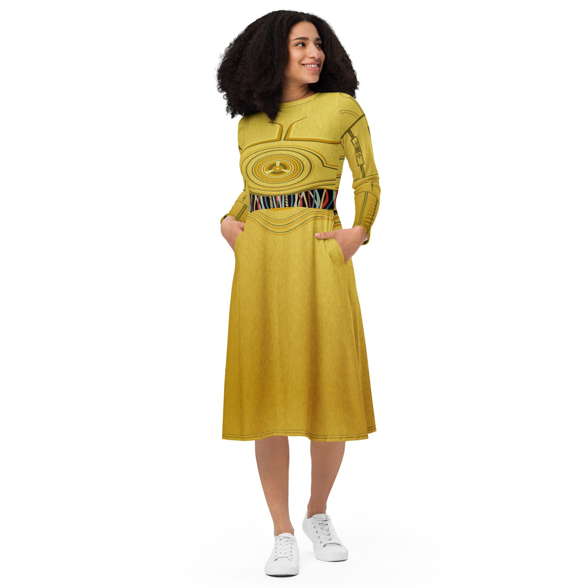 RUSH ORDER: C3PO Inspired All-over print long sleeve midi dress