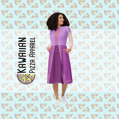 READY-to-SHIP Rapunzel Inspired Midi Dress: Long Sleeve Princess Cosplay