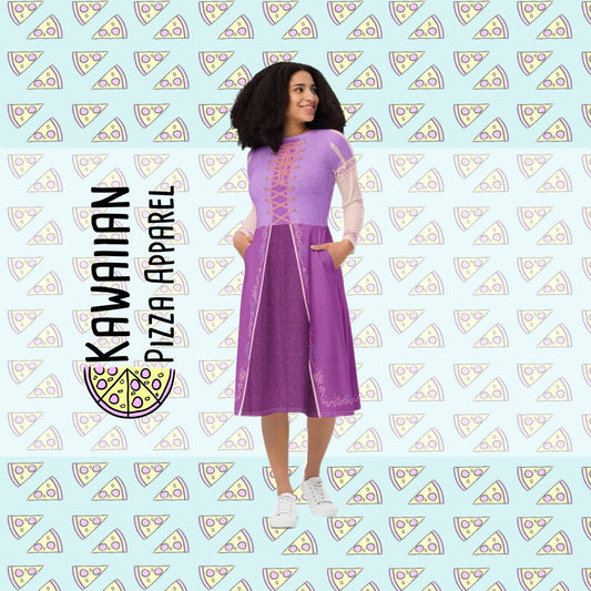 READY-to-SHIP Rapunzel Inspired Midi Dress: Long Sleeve Princess Cosplay