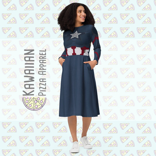 RUSH ORDER: Cap Inspired All-over print long sleeve midi dress