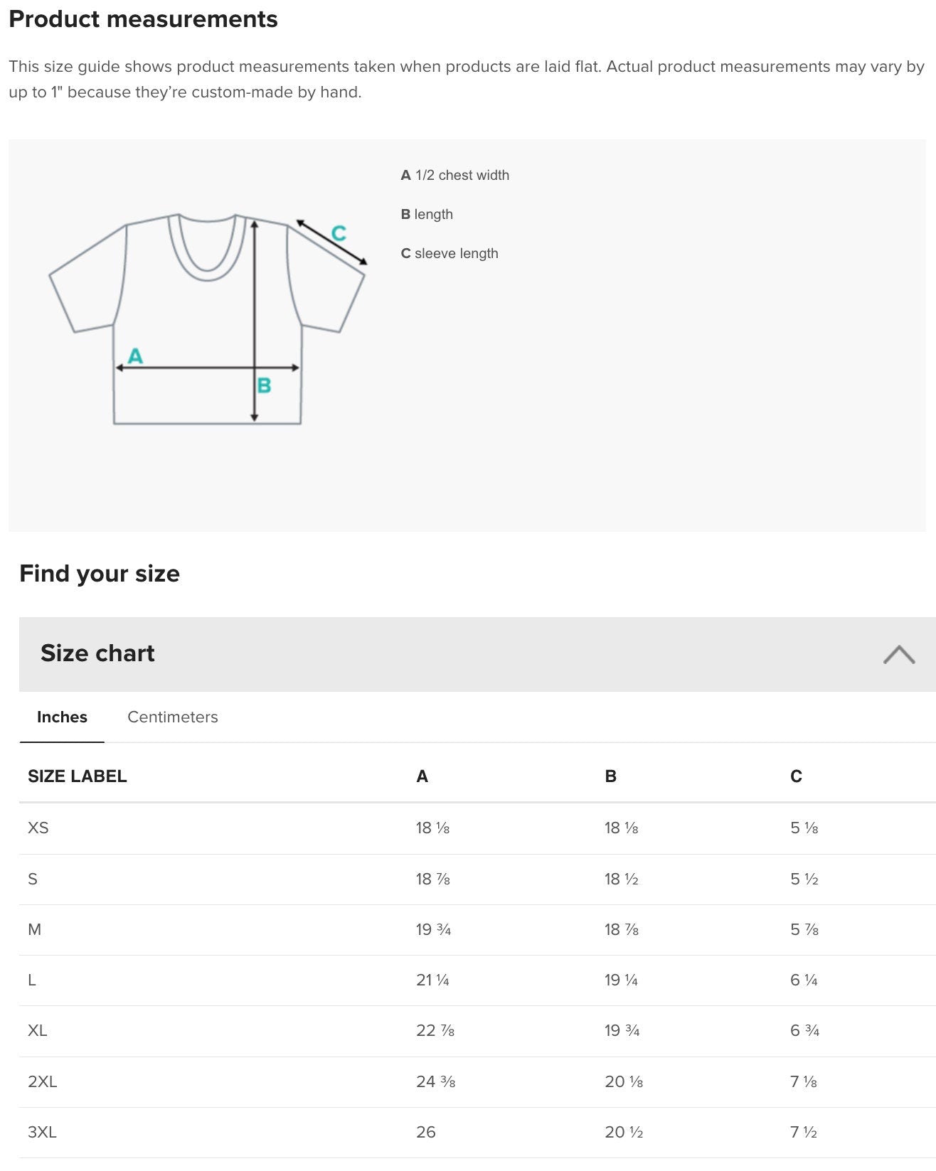 a screen shot of a t - shirt size guide