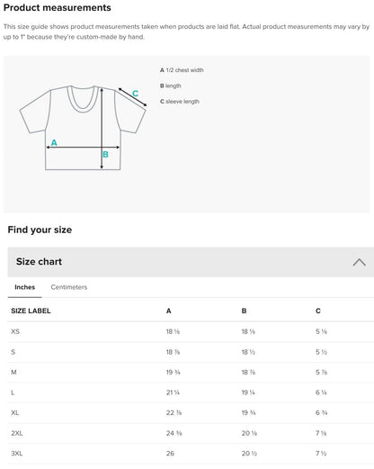 a screen shot of a t - shirt size guide