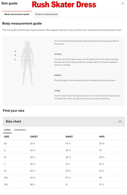 a screen shot of a dress size guide
