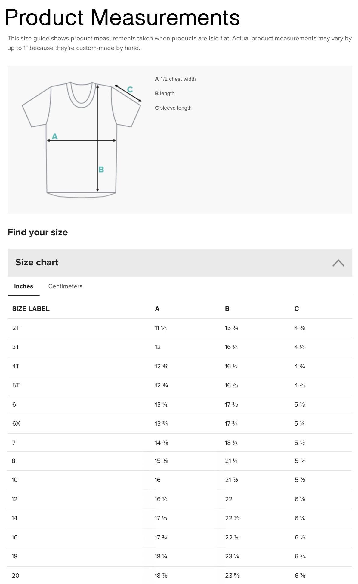 a screen shot of a t - shirt size guide