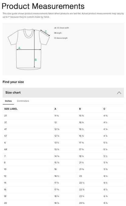 a screen shot of a t - shirt size guide