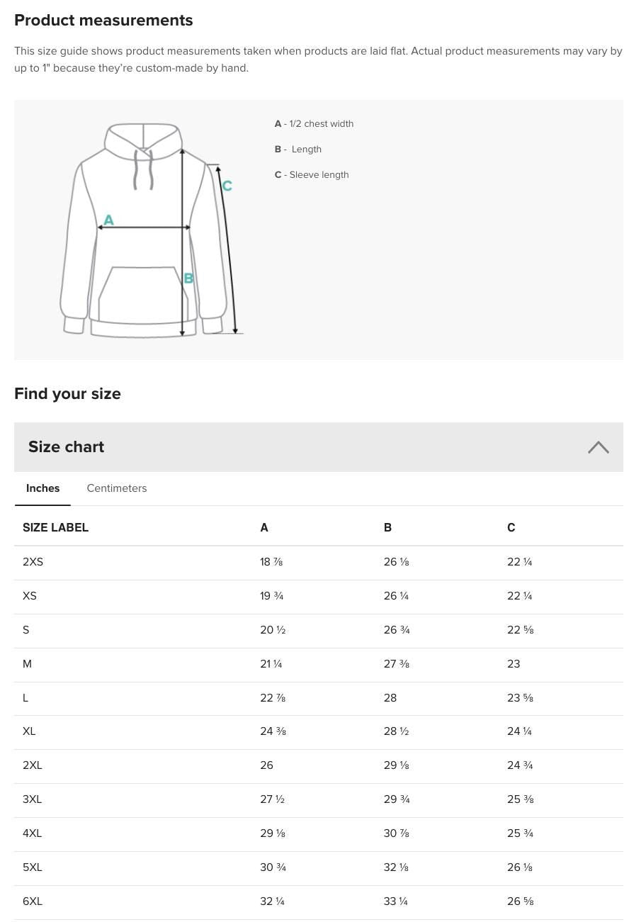 the size chart for a hoodie with measurements
