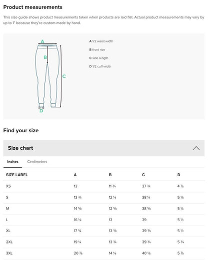 the size guide for a pair of men&#39;s pants