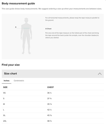 a screen shot of a body measurement guide