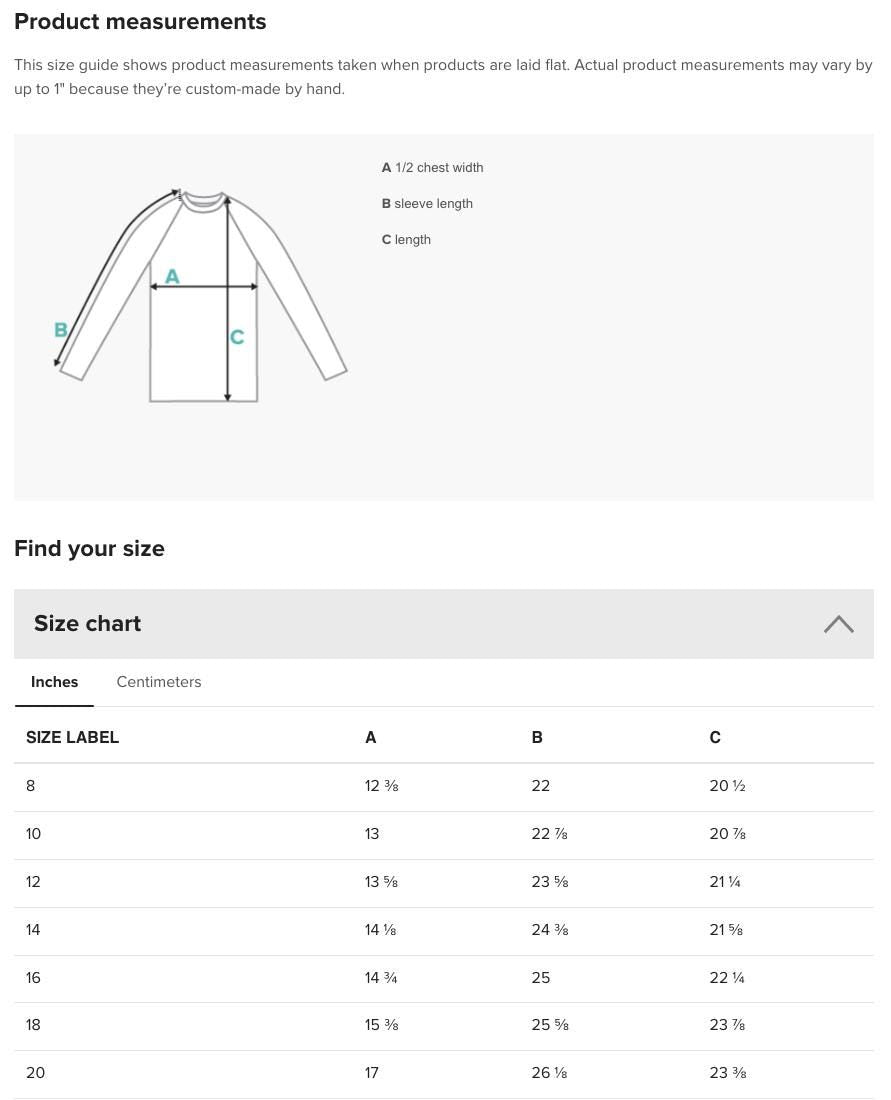 a screen shot of a t - shirt size guide
