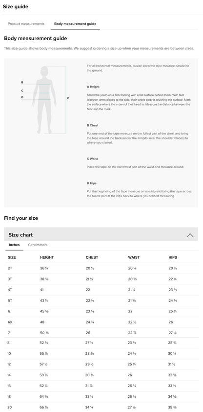 the size guide for the men's underwear