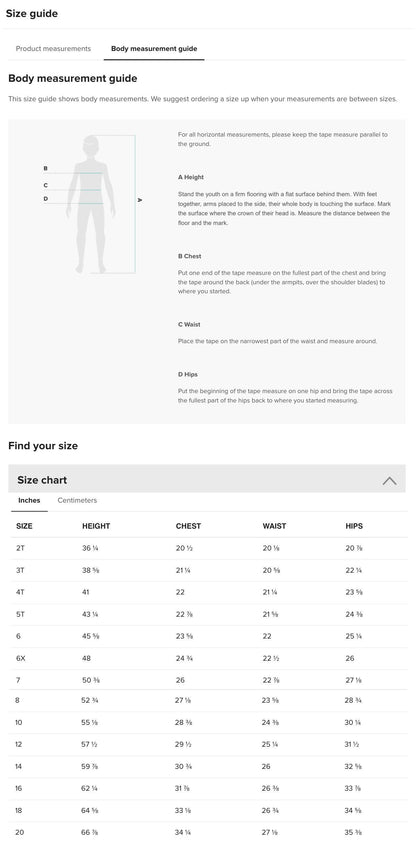 the size guide for the men's underwear