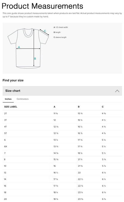 a screen shot of a t - shirt size guide