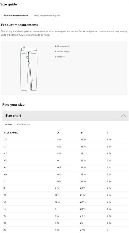 the size guide for the men&#39;s pants