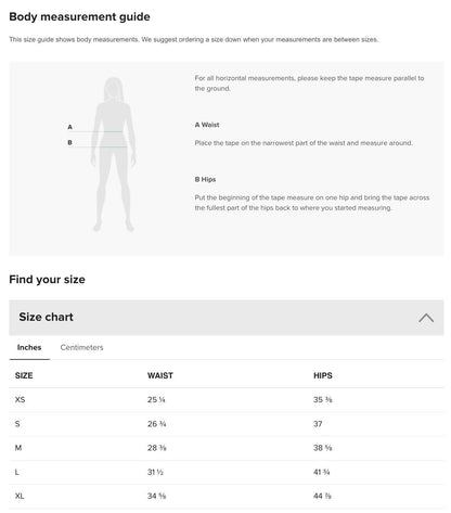 a screen shot of the body measurement guide