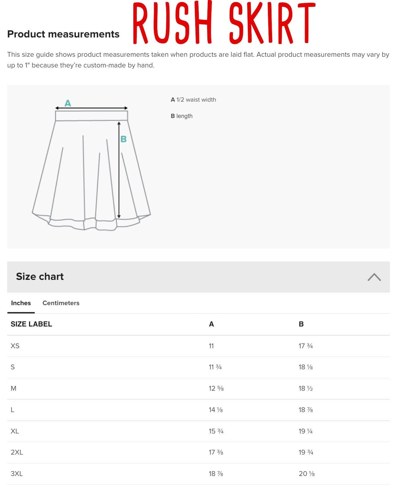 a size chart for a rush skirt, providing measurements for different waist widths and lengths.