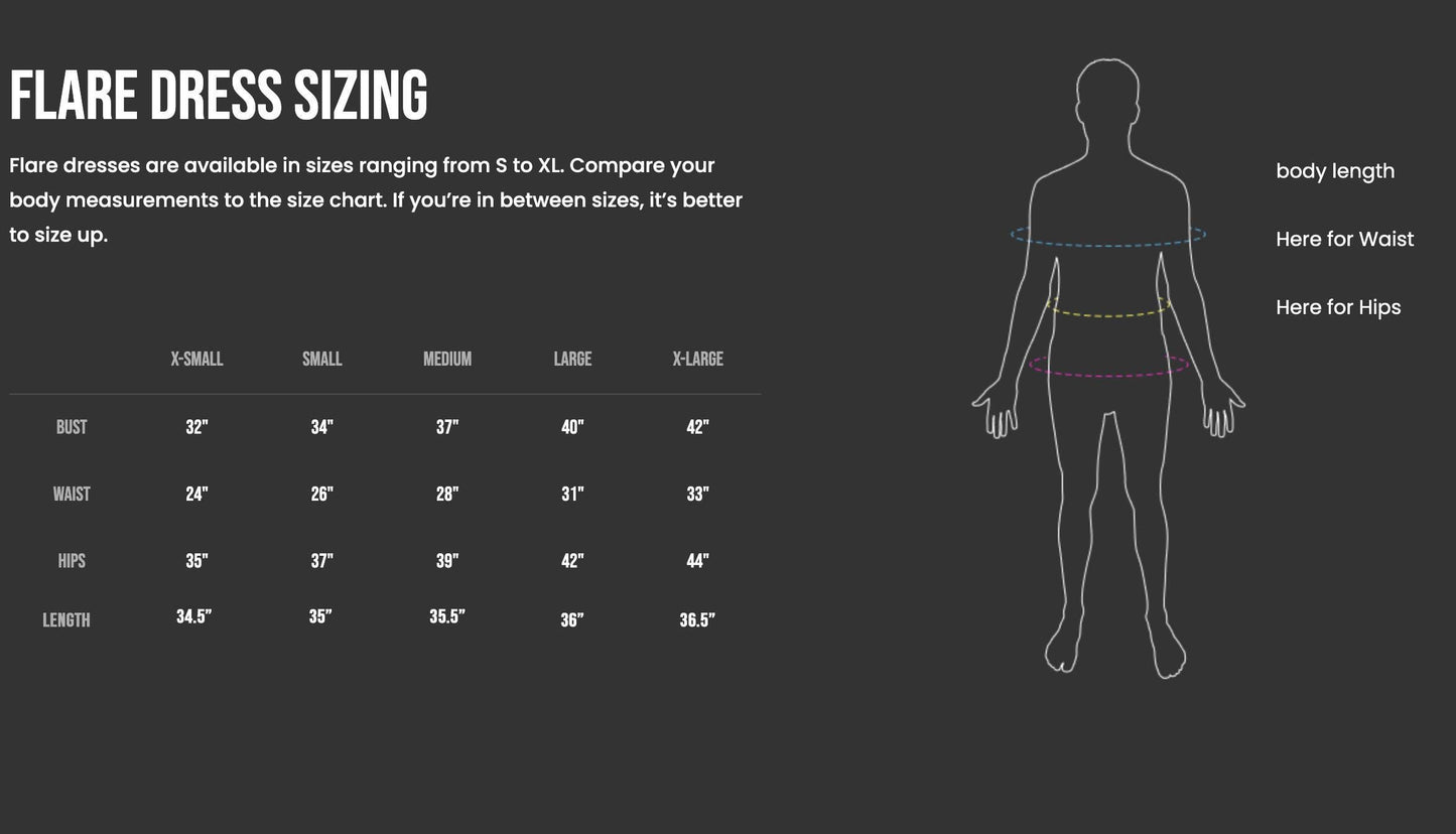 The image is a black and white diagram that provides size charts for different body measurements, such as bust, waist, hips, and length, along with corresponding size labels.