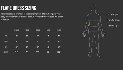 The image is a black and white diagram that provides size charts for different body measurements, such as bust, waist, hips, and length, along with corresponding size labels.