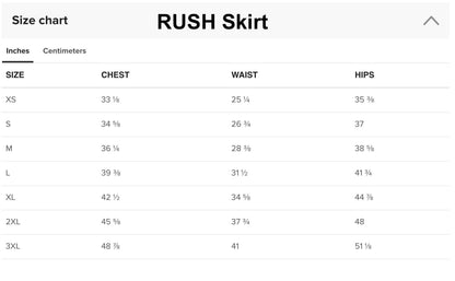 The image is a size chart for a RUSH Skirt, displaying the skirt's measurements in inches and centimeters. The chart lists the skirt's sizes from XS to LXL, with corresponding chest, waist, hips, and waist measurements. The chart provides a clear visual representation of the skirt's size options and corresponding measurements, allowing customers to easily determine the appropriate size for their body type.