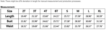a table with measurements for various sizes of bust, waist, and waist sizes, along with corresponding length measurements. The table provides a standardized way to compare different sizes and dimensions for clothing items.