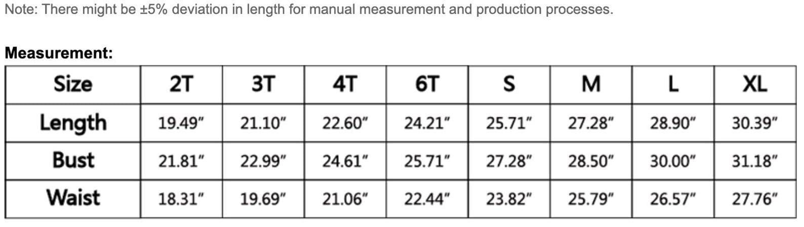 a table with measurements for various sizes of bust, waist, and waist sizes, along with corresponding length measurements. The table provides a standardized way to compare different sizes and dimensions for clothing items.
