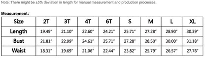 a table with measurements for various sizes of bust, waist, and waist sizes, along with corresponding length measurements. The table provides a standardized way to compare different sizes and dimensions for clothing items.