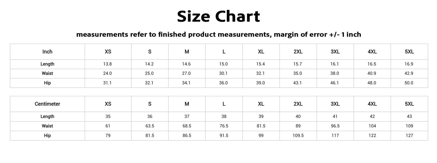 a size chart with measurements for various clothing items such as waist, hip, and waistband. The chart provides the measurements in inches and their corresponding sizes, including XS, S, M, L, XL, and 3XL. The chart also includes a margin of error of +1 inch.