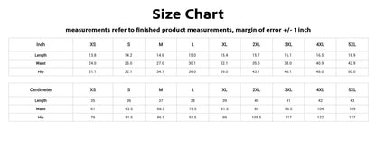 a size chart with measurements for various clothing items such as waist, hip, and waistband. The chart provides the measurements in inches and their corresponding sizes, including XS, S, M, L, XL, and 3XL. The chart also includes a margin of error of +1 inch.