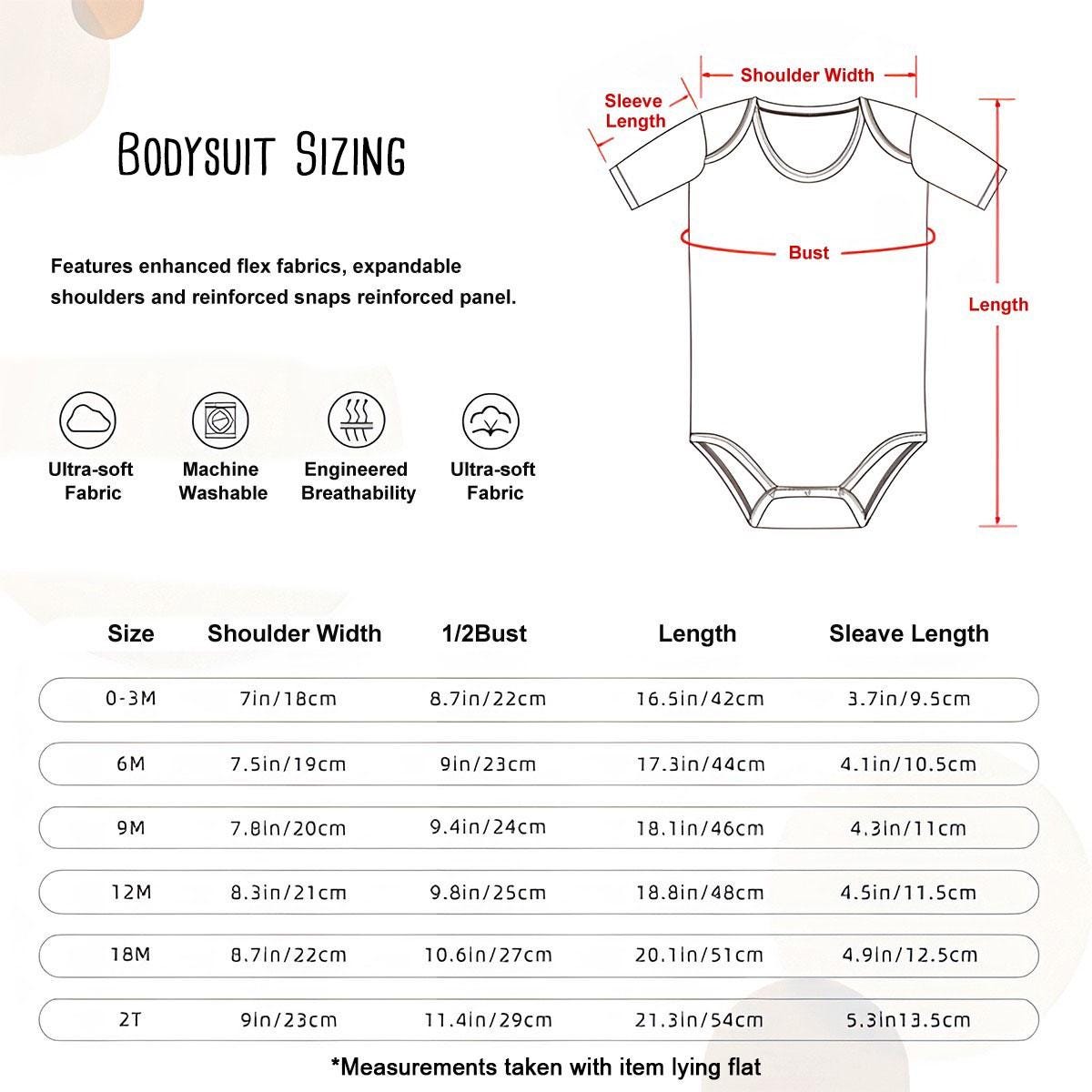 The image is a detailed size chart for a bodysuit, providing measurements for different sizes and corresponding sleeve widths.