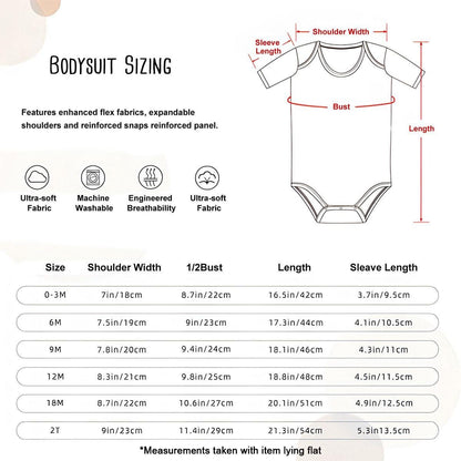 The image is a detailed size chart for a bodysuit, providing measurements for different sizes and corresponding sleeve widths.