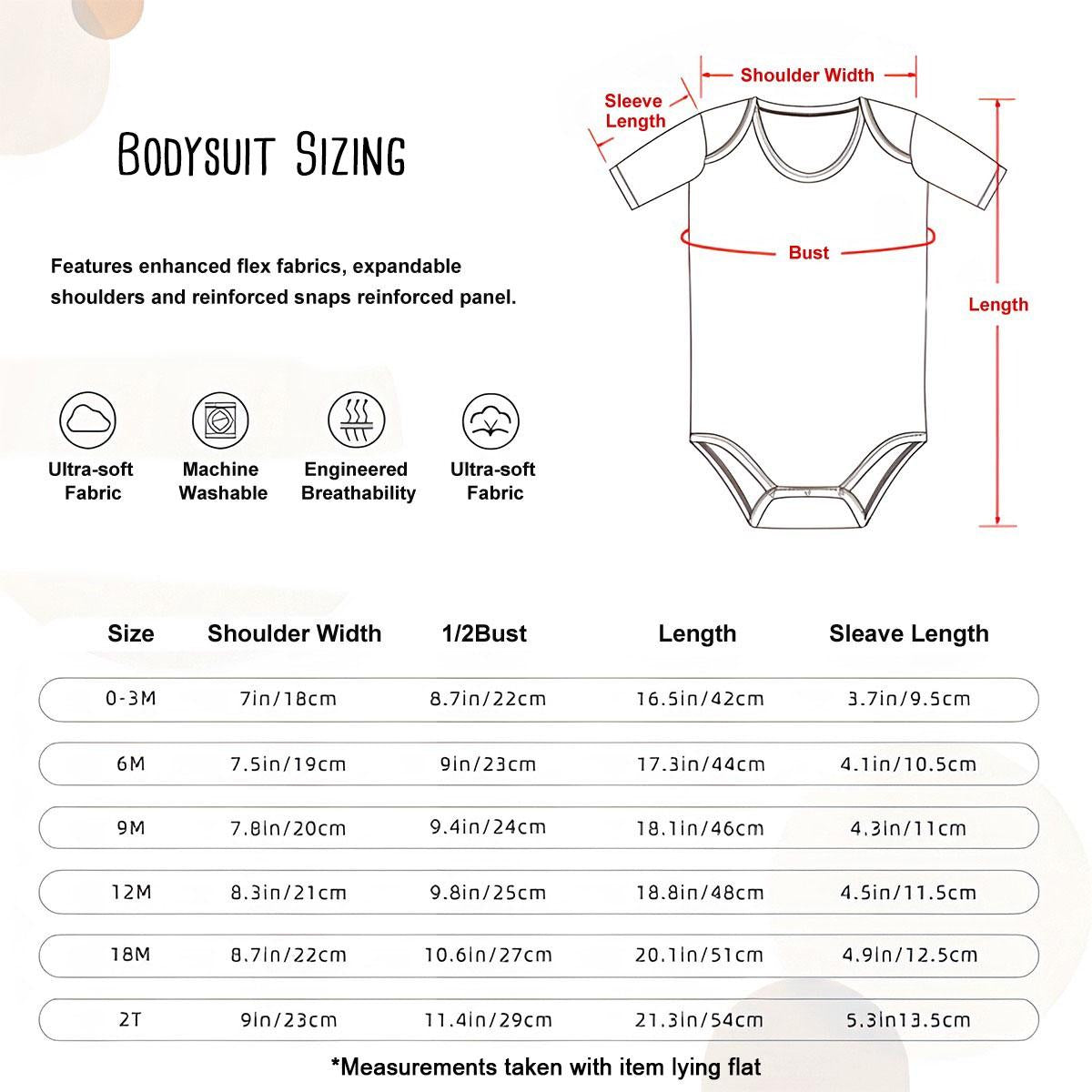 The image is a detailed size chart for a bodysuit, providing measurements for different sizes and corresponding sleeve widths.