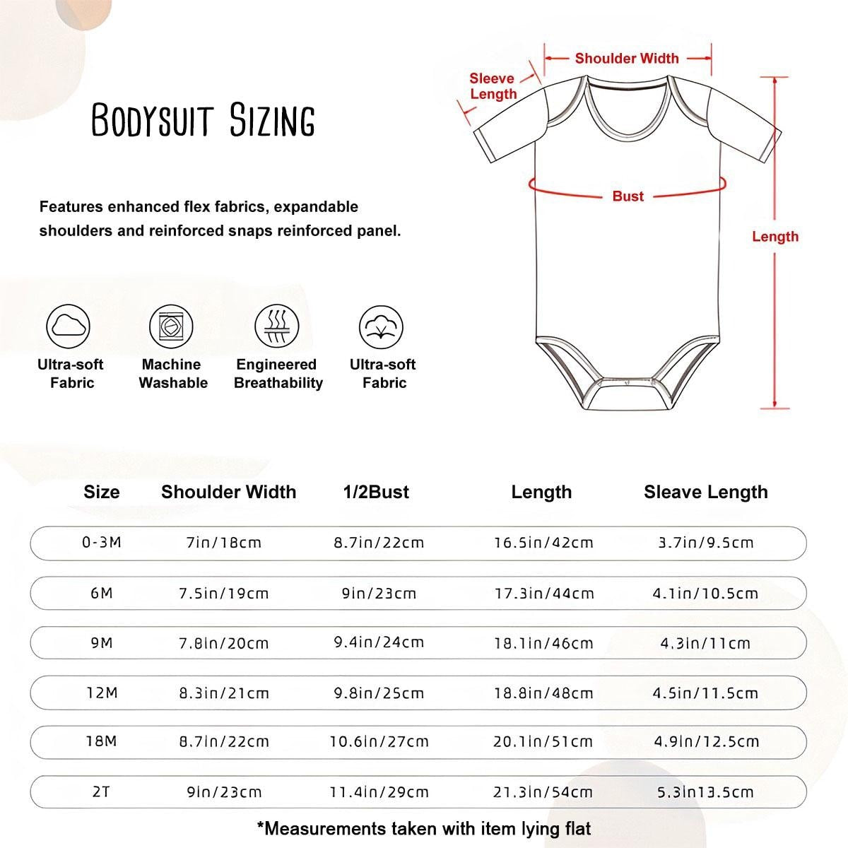 The image is a detailed size chart for a bodysuit, providing measurements for different sizes and corresponding sleeve widths.