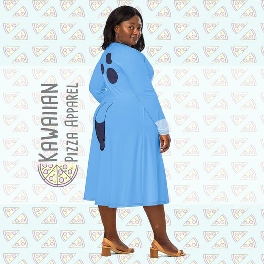 RUSH ORDER: Blue Inspired All-over print long sleeve midi dress