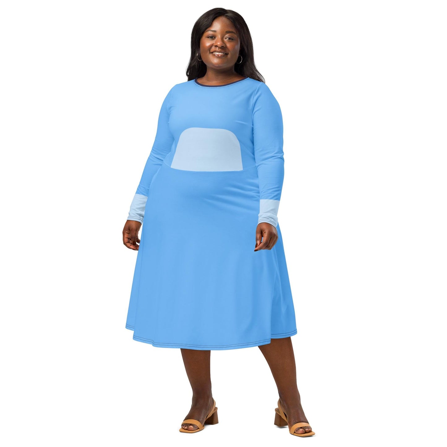 READY-to-SHIP [M] Women's Blue Inspired All-over print long sleeve midi dress