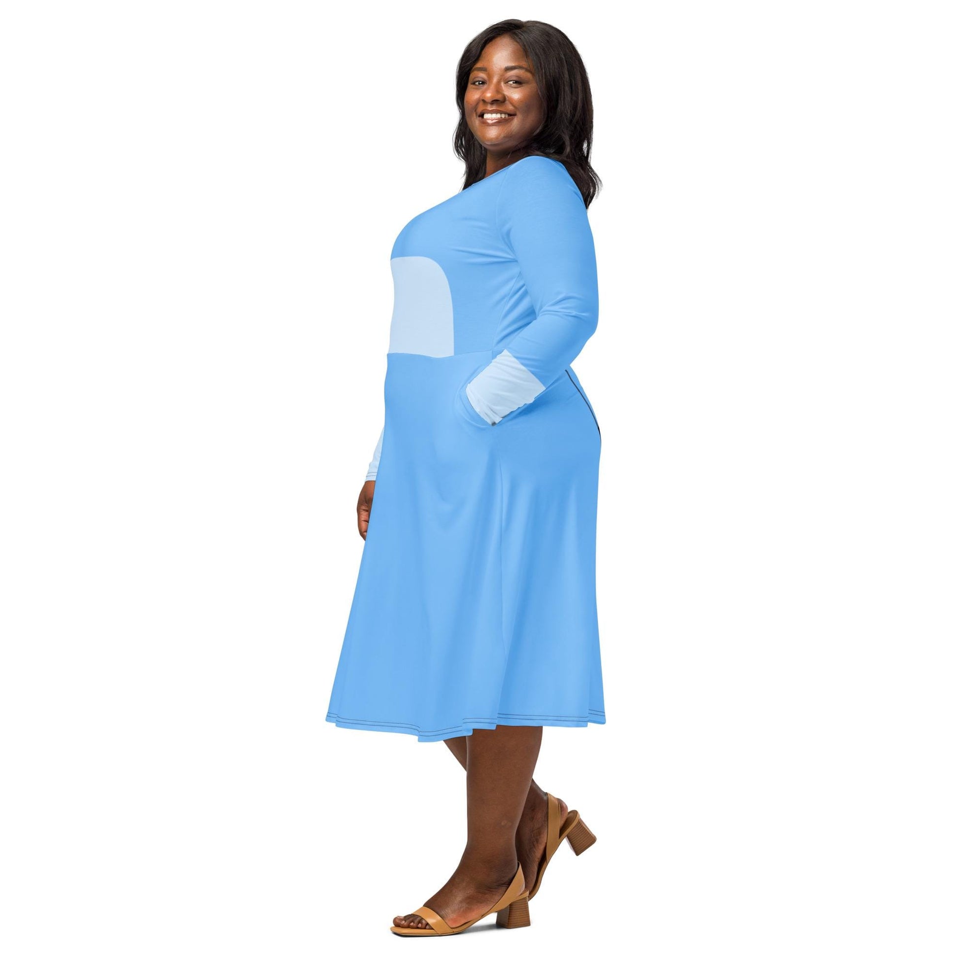 READY-to-SHIP [M] Women's Blue Inspired All-over print long sleeve midi dress