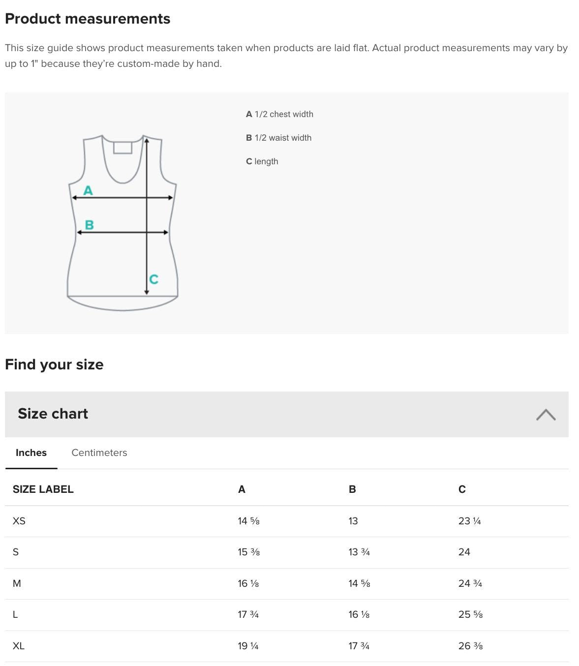 a size chart for a product, which provides measurements for different sizes based on the brand 'XS', 'S', 'M', and 'L'. The chart includes the brand letter 'A', 'B', 'C', and 'D' for each size, along with the corresponding measurements in inches and centimeters. The chart is designed to help customers find their size based on the brand and size labels provided.