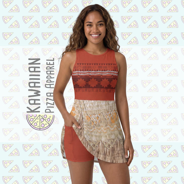 May include: A sleeveless, rust-colored romper with a patterned bodice and a wrap skirt. The bodice features geometric and star-like designs in shades of brown and white. The skirt has a tan and brown fringe design. The text "KAWAIIAN PIZZA APPAREL" is on the left.