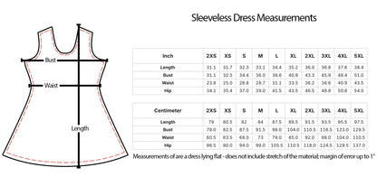The image is a detailed diagram of a sleeveless dress, providing measurements for bust, waist, hip, and waist measurements. The diagram includes a table with measurements for bust, waist, and hip, as well as a list of measurements for 2XS, XS, S, M, L, XL, 2XL, and 3XL. The image also includes a caption that states the measurements of a dress lying flat does not include the stretch of the material, which is a common practice in dressmaking.