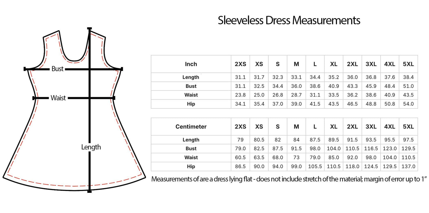 The image is a detailed diagram of a sleeveless dress, providing measurements for bust, waist, hip, and waist measurements. The diagram includes a table with measurements for bust, waist, and hip, as well as a list of measurements for 2XS, XS, S, M, L, XL, 2XL, and 3XL. The image also includes a caption that states the measurements of a dress lying flat does not include the stretch of the material, which is a common practice in dressmaking.