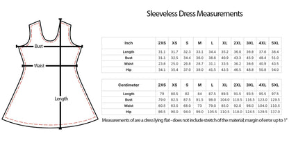 The image is a detailed diagram of a sleeveless dress, providing measurements for bust, waist, hip, and waist measurements. The diagram includes a table with measurements for bust, waist, and hip, as well as a list of measurements for 2XS, XS, S, M, L, XL, 2XL, and 3XL. The image also includes a caption that states the measurements of a dress lying flat does not include the stretch of the material, which is a common practice in dressmaking.