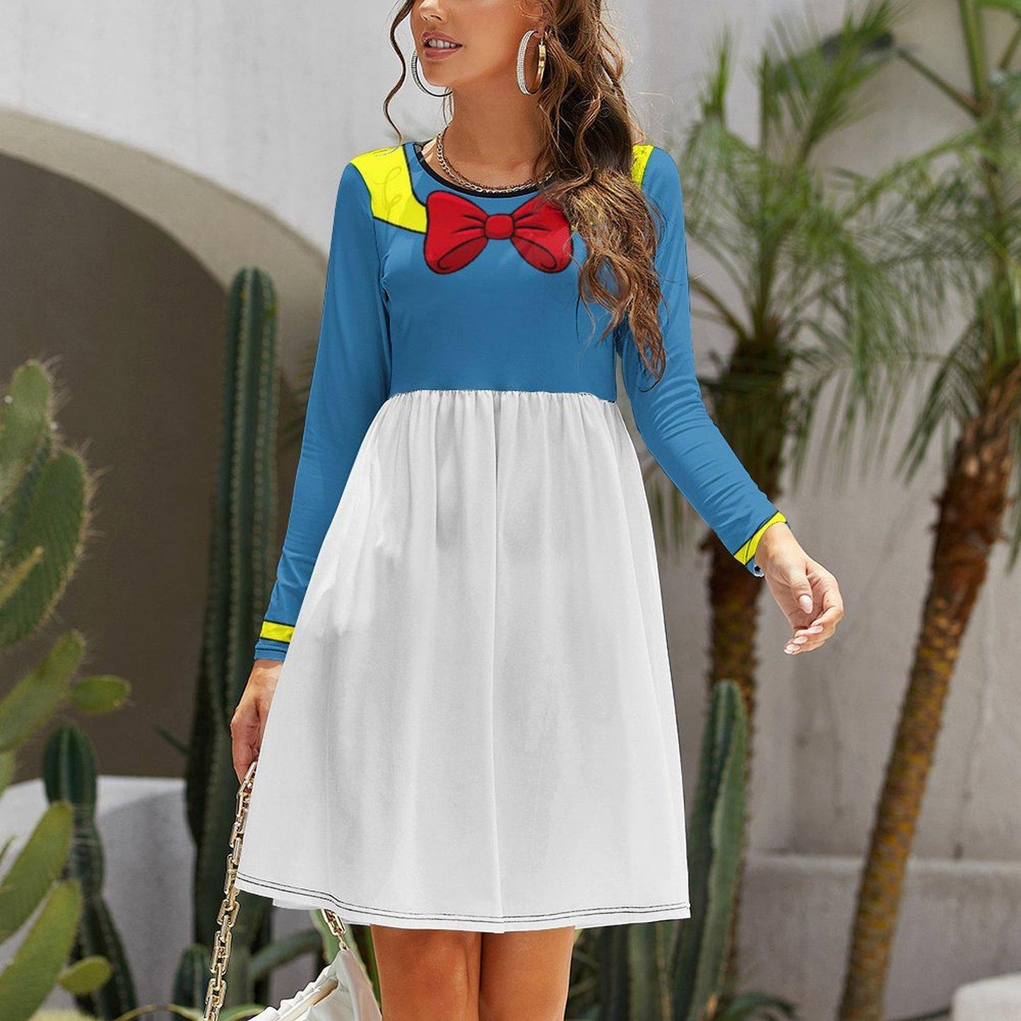 Donald Duck Inspired Long Sleeve Skater Dress with Pockets