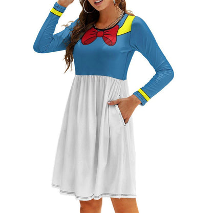 Donald Duck Inspired Long Sleeve Skater Dress with Pockets