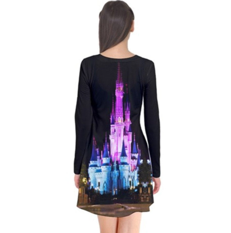 Nighttime Cinderella Castle Inspired Long Sleeve Flare Dress