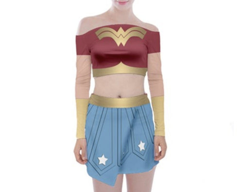 Wonder Woman Inspired Off Shoulder Top and Mini Skirt Set