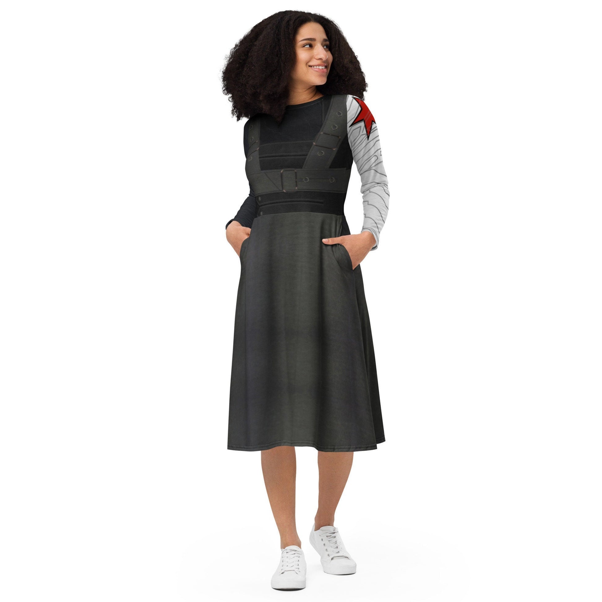 RUSH ORDER: Bucky Winter Soldier Inspired All-over print long sleeve midi dress