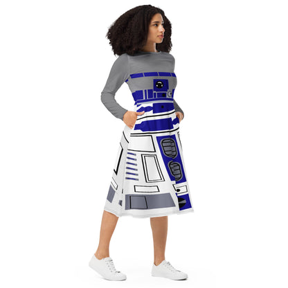 RUSH ORDER: All-over R2D2 Inspired print long sleeve midi dress