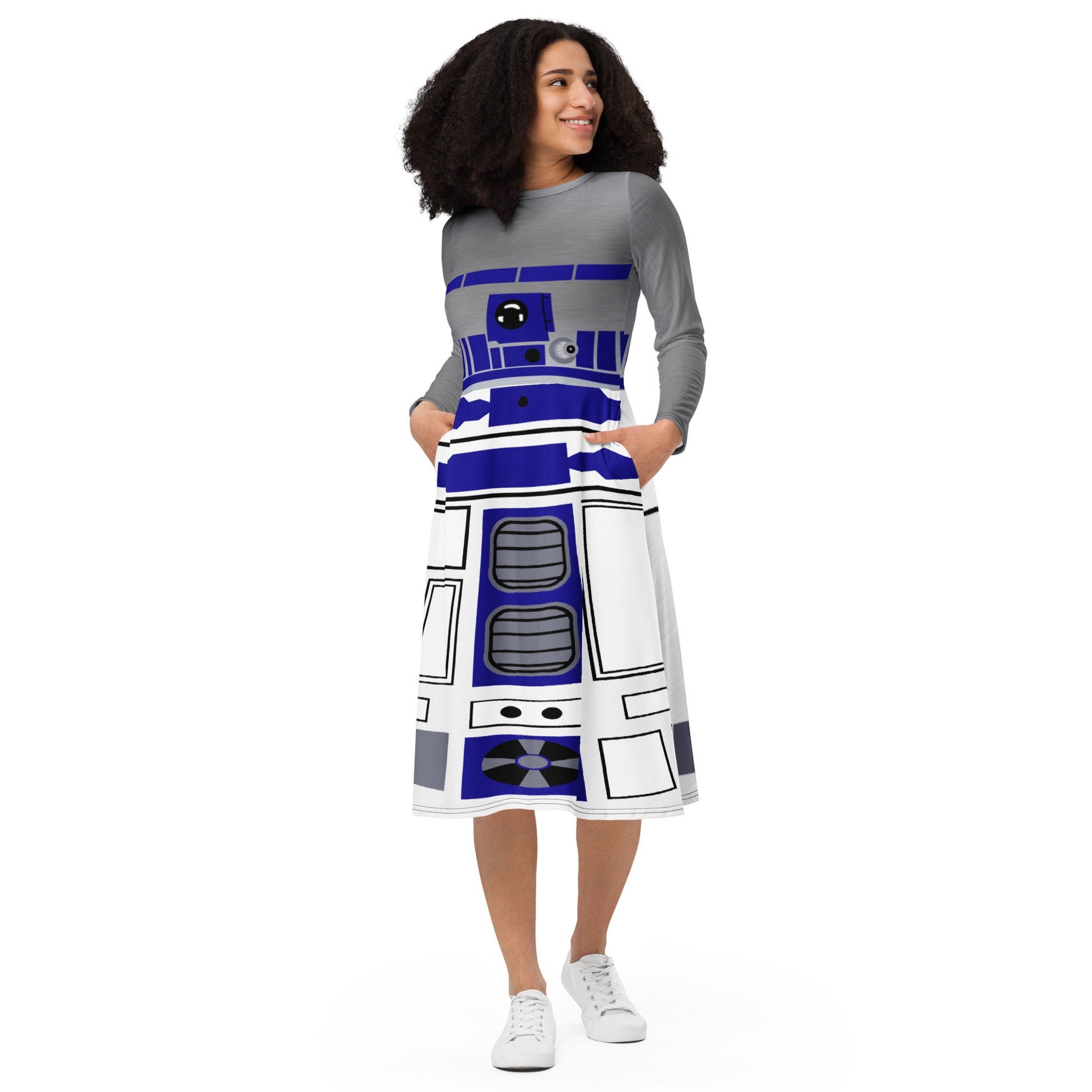 RUSH ORDER: All-over R2D2 Inspired print long sleeve midi dress